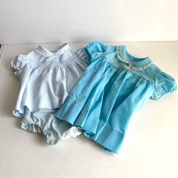 Vintage 80s Baby Clothes Dresses Diaper Cover Bloomers 3 6 Months Girls Blue - Picture 2 of 12